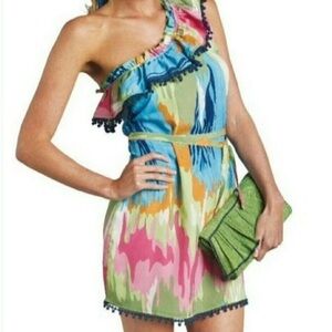 MUD PIE - Multicolored One-Shoulder Ruffle Pom-pom trimmed Dress - Size Small